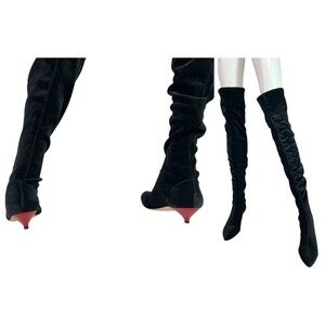 Gia Borghini Boom Black Velvet Over The Knee OTK Boots Red Kitten Heels EU 38, 8